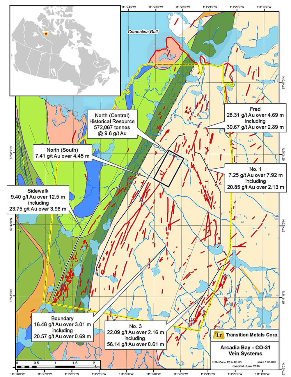 Figure 1: Geology and Vein Systems on the Arcadia Bay Property based on historical data