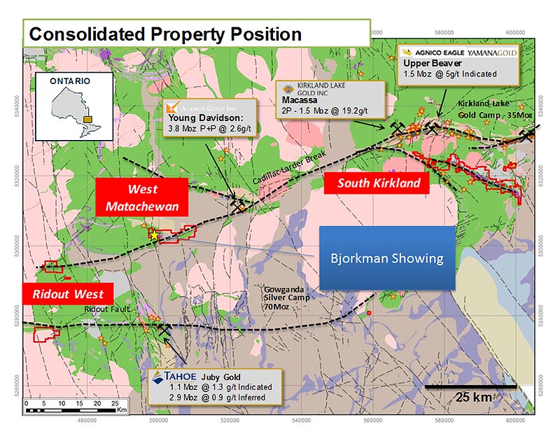 Figure 1. Location of the West Matachewan Project Area and Bjorkman Showing