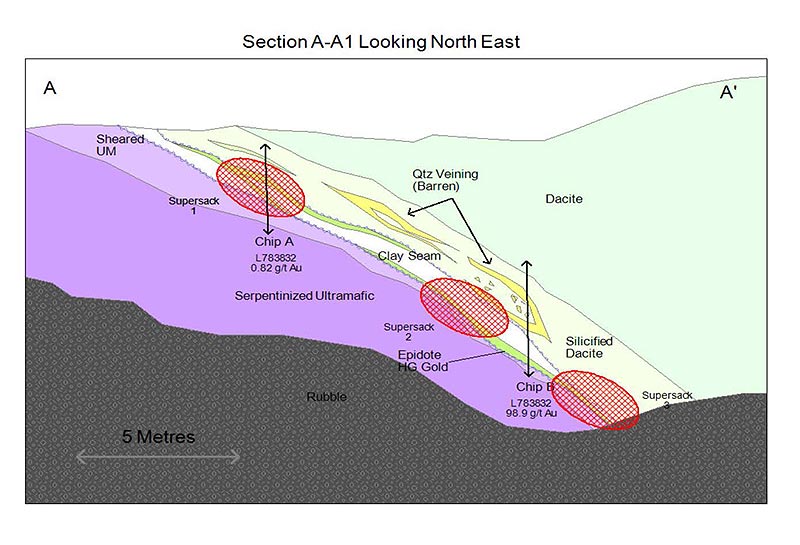 Figure 2. Sketch of Bjorkman vein exposure with sample source locations depicted in red hatched circles