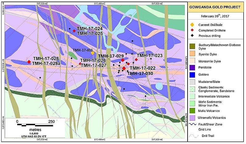 Figure 1. Drill hole Location Sketch and Geological Interpretation – Haultain Discovery Area, Gowganda Gold Project, Ontario