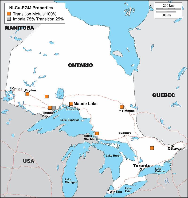 Figure 1 shows the location of the Maude Lake Property and Transition Metals Ni-Cu-PGM Projects