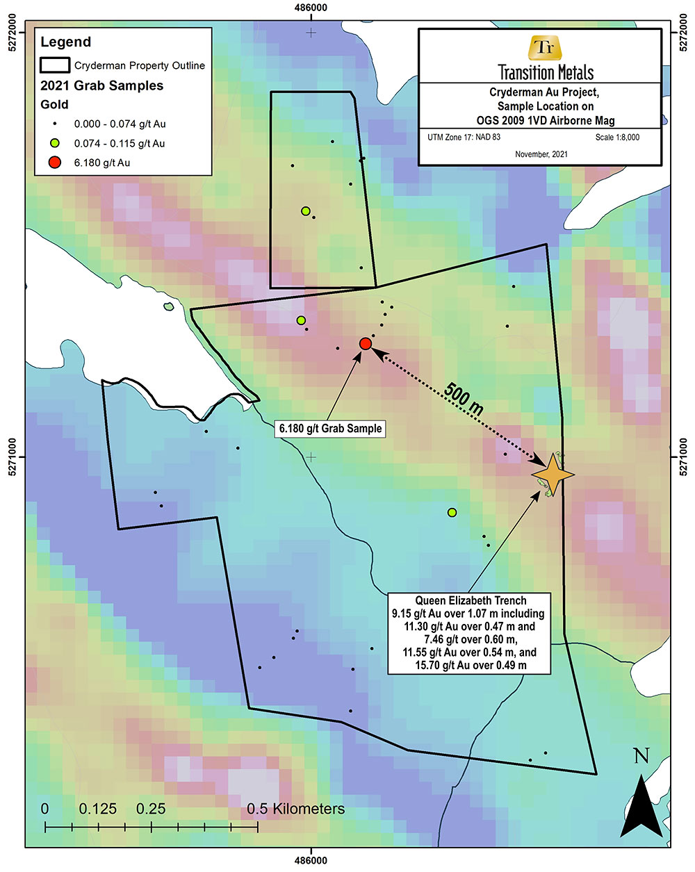 Figure 1. Grab sample location and assay results on the 2009 OGS airborne magnetic survey, Geophysical Data Set 1064.