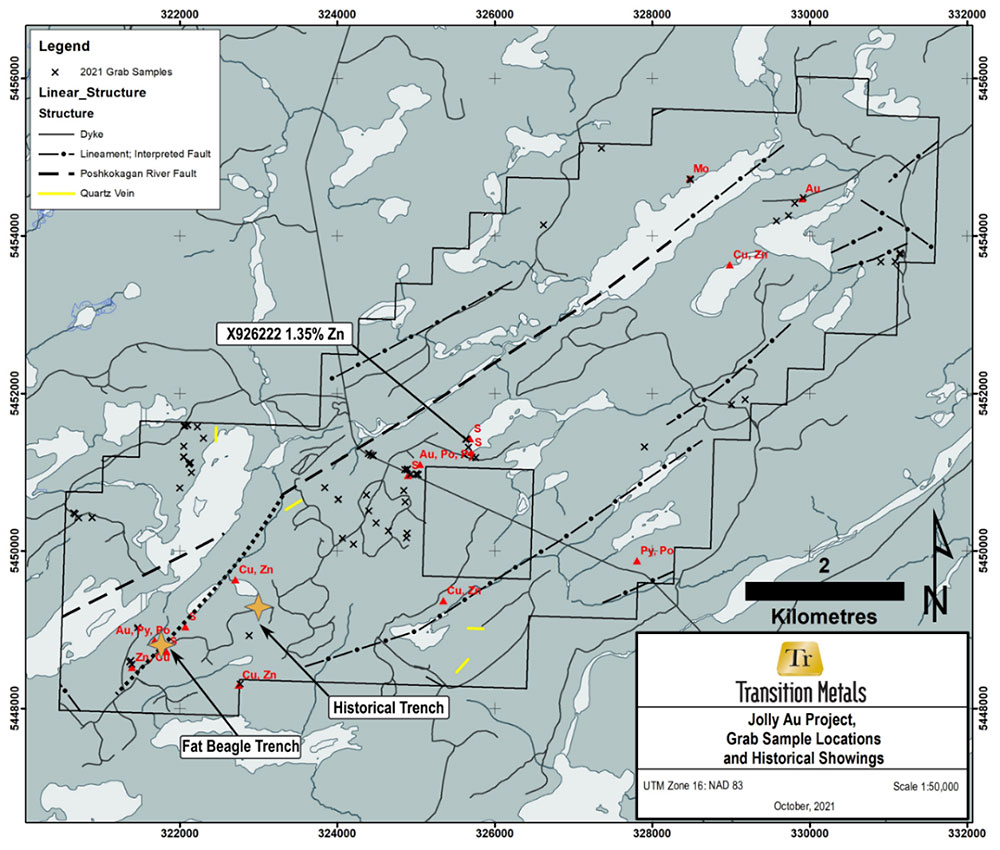 Figure 3. Grab sample location map with historical trenches and showings, and mapped and interpreted structures.