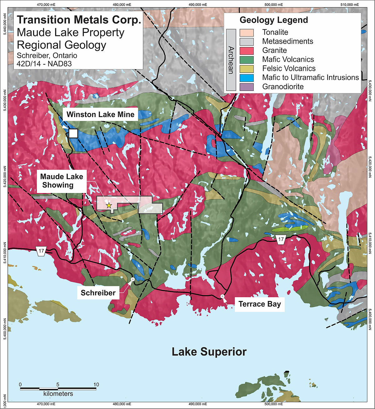 Figure 1: Location of the Transition Metals’ Maude Lake Ni-Cu-Co-PGM Property and Maude Lake / Nicopar showing.