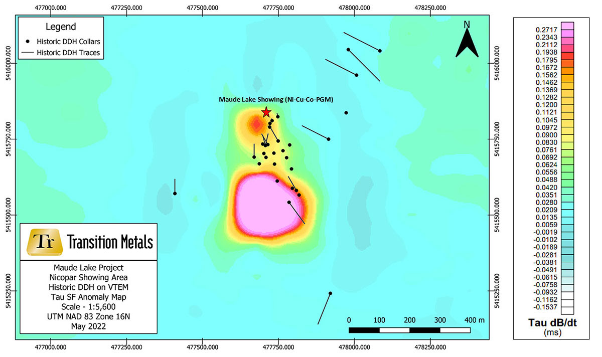 Figure 2:  The dB/dt Calculated Time Constant (Tau) Anomaly in the vicinity of the Maude Lake / Nicopar Showing